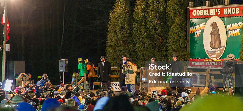 Gobbler's Knob - Punxsutawney, PA Punxsutawney, PA, USA - February 2, 2010: Visitors enjoy the festivities on stage prior to the main event on the early morning of Groundhog Day 2010. Groundhog Day - Holiday Stock Photo