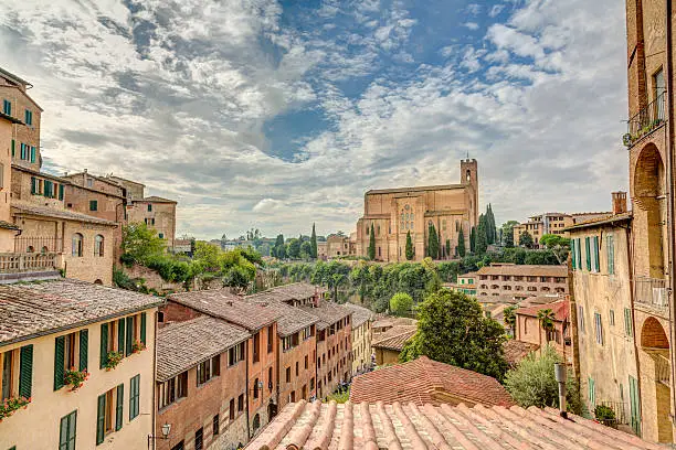 Typical houses of Siena with sandstone roofs.  We see in the background the San Domenico Church.