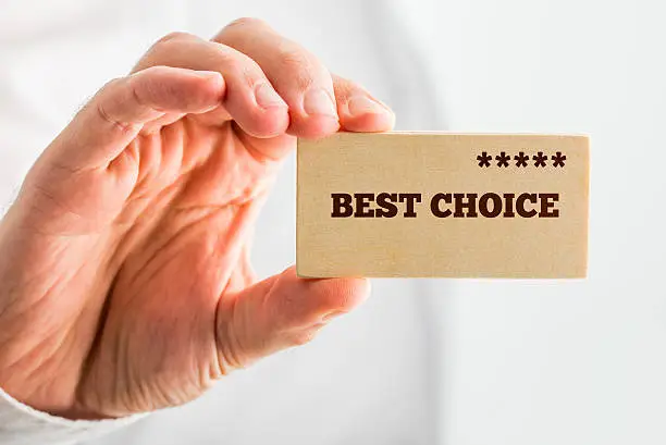 Man holding a wooden rectangle saying Best Choice with a line of five stars depicting good value, 5-star quality and popularity ranking.