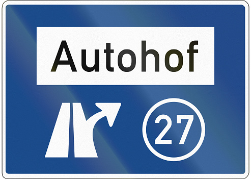 German highway sign announcing an off highway road service (Autohof) at exit number 27.