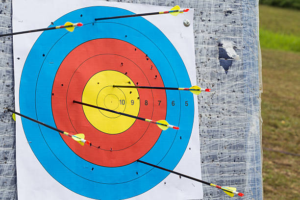 istock Closeup on outdoor archery target board with arrows 536288342
