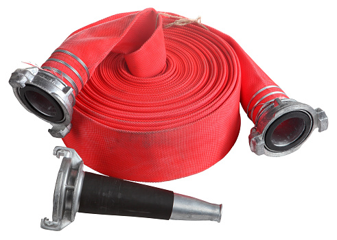 Fire Fighter Industry, Red Fire hose winder roll  reels, fire fighting hose are used for high pressure water spraying, with aluminum nozzle and connecting coupler, isolated object on white background.