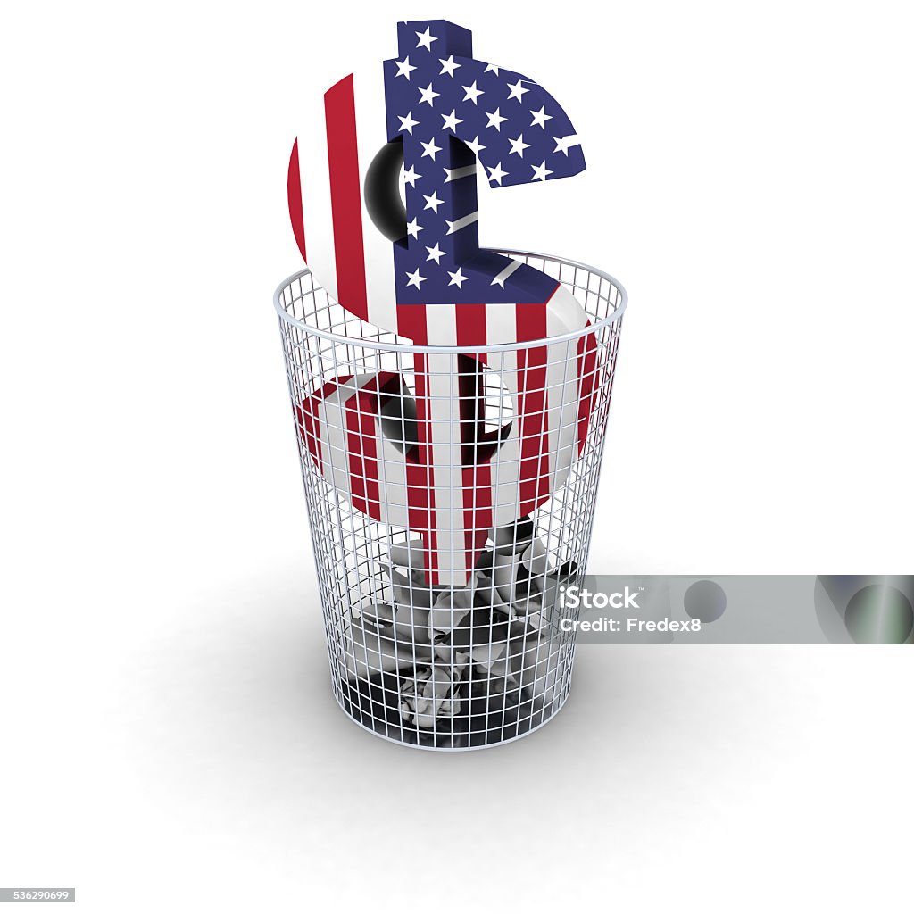 Dollar Bin Concept - US Flag 3D render of a dollar symbol in a waste paper bin. Textured with the US flag in a steel wire bin. Isolated on white with shadowing. 2015 Stock Photo