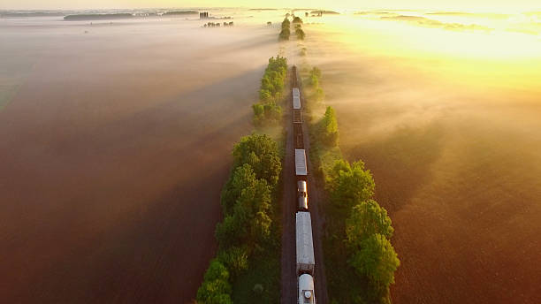 istock Freight train rolls across peaceful, foggy landscape at sunrise 536291378