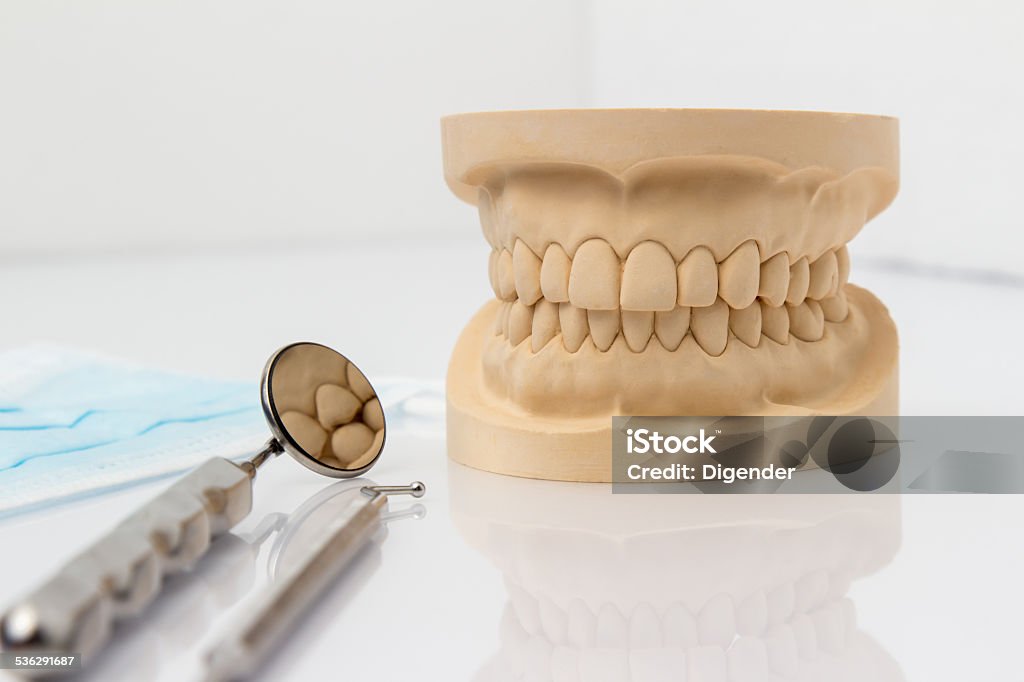 Dental mold with tools and a face mask Dental mold showing the teeth of the upper and lower jaw with dental tools and a face mask on a wooden table in a dental care and examination concept 2015 Stock Photo