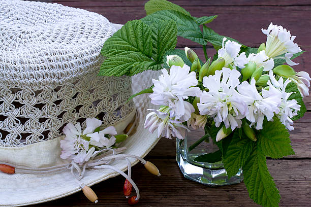 Bouquet Saponaria officinalis and a summer garden hat Bouquet Saponaria officinalis in a glass and a white summer garden hat on the old wooden table common soapwort saponaria officinalis stock pictures, royalty-free photos & images