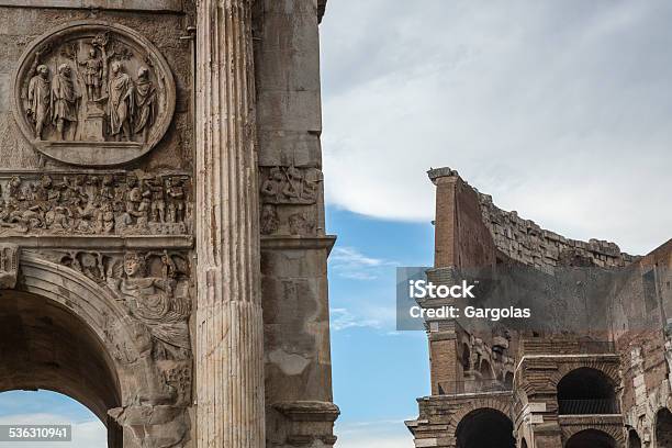 Arch Of Constantine And Coliseum Rome Italy Stock Photo - Download Image Now - 2015, Ancient, Ancient Rome