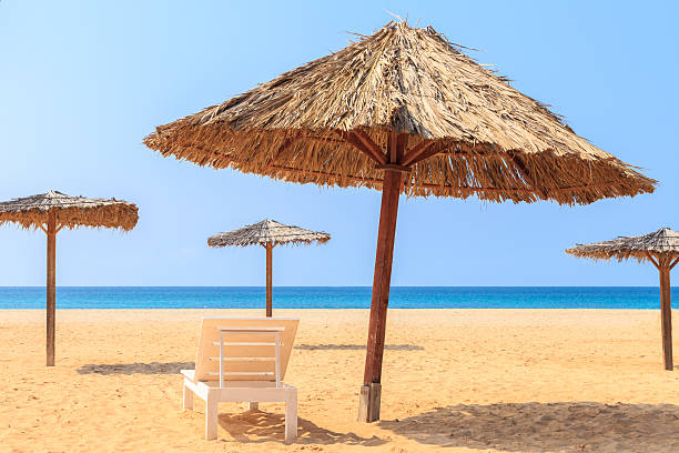 istock Tropical beach scenery with parasol and deck chairs in Boavista 536316233