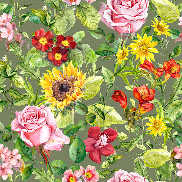 ilustrações, clipart, desenhos animados e ícones de repetir prado estampa floral. aquarela de moda e projeto - sunflower elegance messy flower