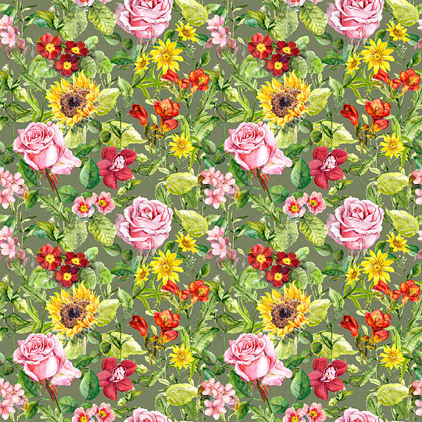 메도 꽃, 여름 허브. 원활한 꽃 패턴. 워터컬러 - sunflower elegance messy flower stock illustrations