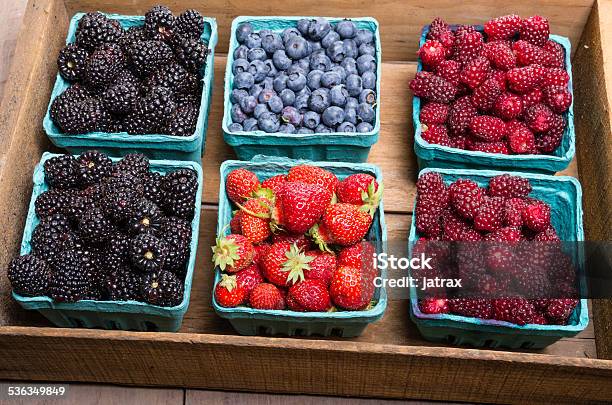 Boxes Of Fresh Berries Just Picked At The Market Stock Photo - Download Image Now - 2015, Berry Fruit, Blackberry - Fruit