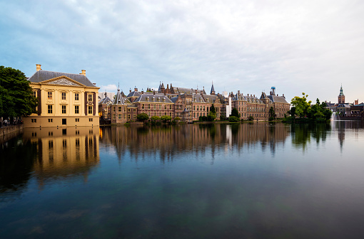 Mauritshuis Museum and Binnenhof Palace (Dutch Parlament buildings) in The Hague (Den Haag) along the Hohvijfer canal, The Netherlands.