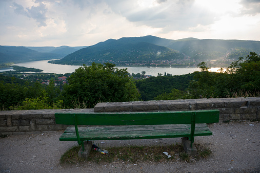 An empty bench above the Danube River in Visegrad, Hungary