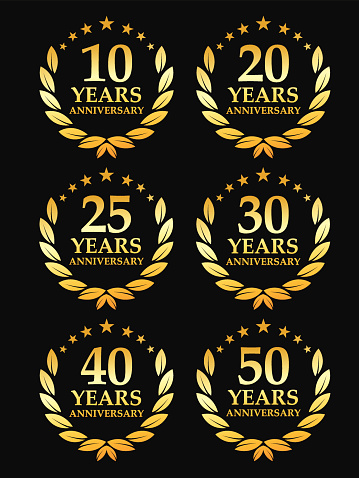 Vector of golden color anniversary emblem for 10, 20, 25, 30, 40 and 50 years.