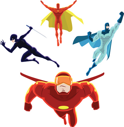 A cartoon style vector illustration of a superhero team charging forward ready for action 