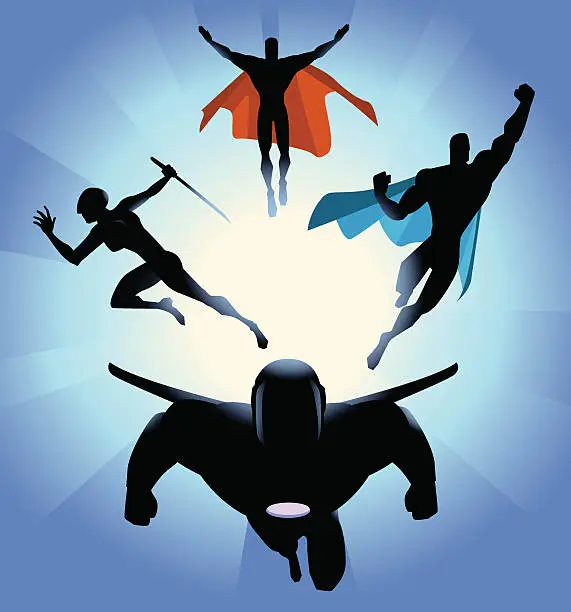 Vector illustration of Vector Superhero Team Charging Silhouette