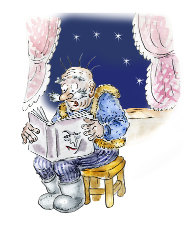 Senior man reading thriller book at night comic illustration