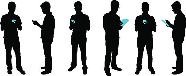 silhouette von menschen mit mobile geräte - silhouette men people standing stock-grafiken, -clipart, -cartoons und -symbole