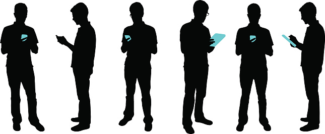 Silhouette vector illustrations of people with mobile devices.