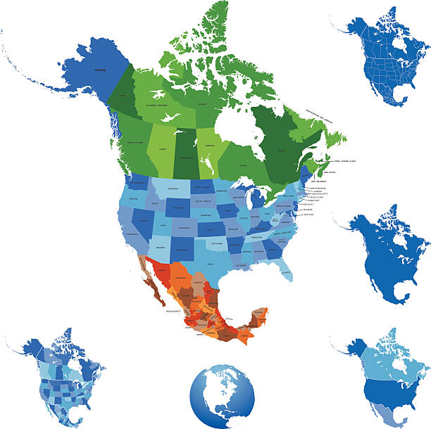 ilustraciones, imágenes clip art, dibujos animados e iconos de stock de mapa de américa del norte - alberta map canada cartography