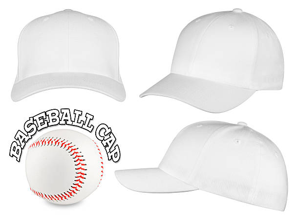 white baseball cap set Set of white baseball caps with baseball baseball uniform photos stock pictures, royalty-free photos & images
