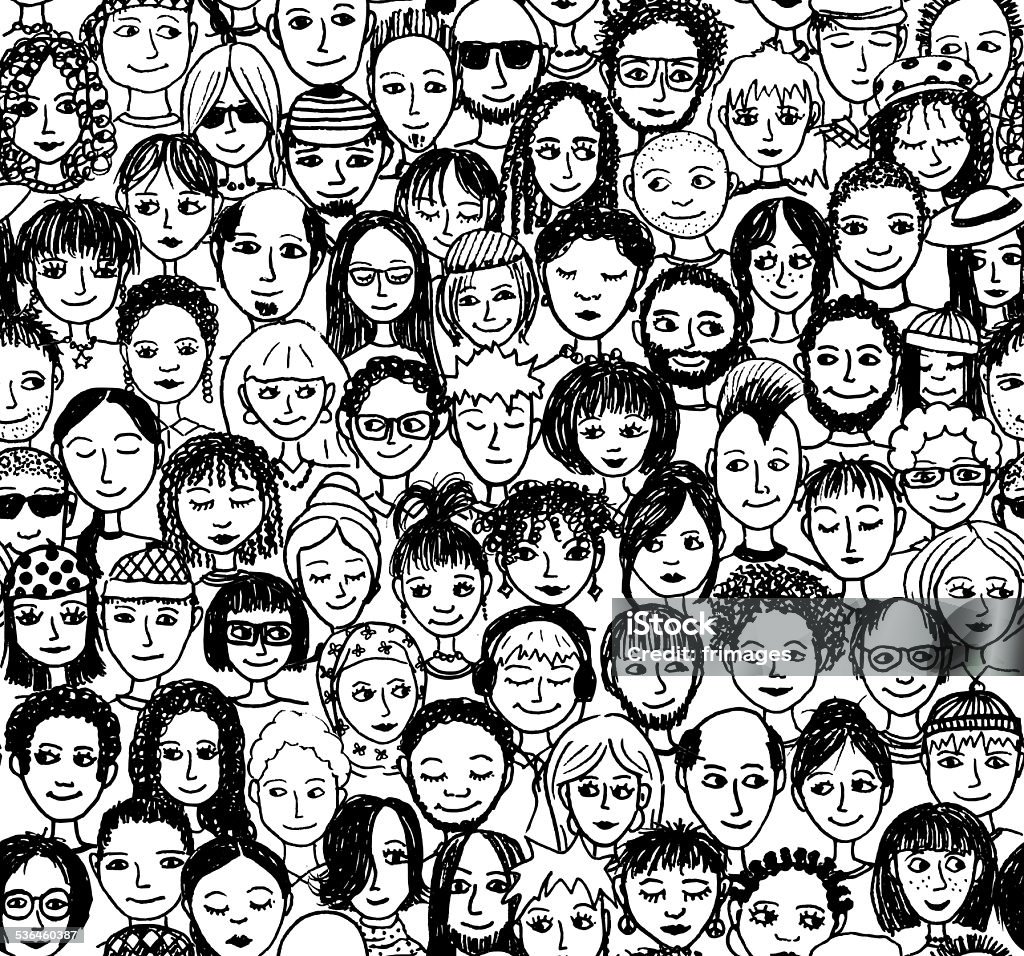 Seamless pattern of a crowd of people, hand drawn Hand drawn simple faces, scanned People stock vector