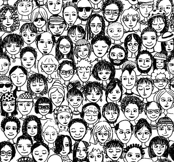 Seamless pattern of a crowd of people, hand drawn Hand drawn simple faces, scanned crowd of people backgrounds stock illustrations