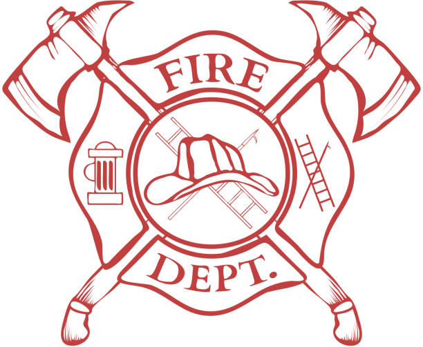 Fire Dept. Label. Helmet with Crossed Axes. Vector Fire Dept. Label. Helmet with Crossed Axes. Vector Illustration riot shield stock illustrations