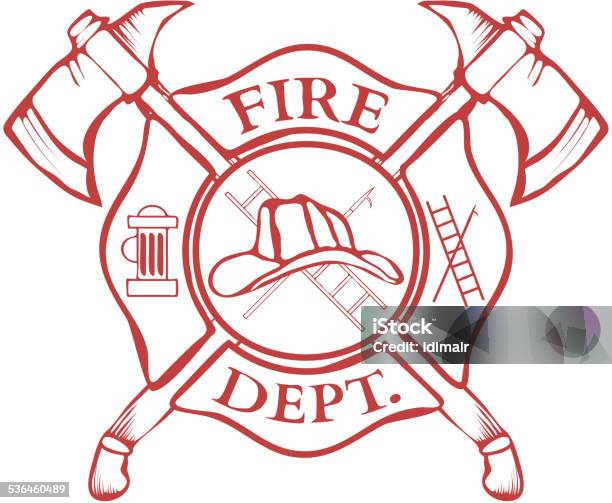 Fire Dept Label Helmet With Crossed Axes Vector Stock Illustration - Download Image Now - Firefighter, Coat Of Arms, Fire - Natural Phenomenon