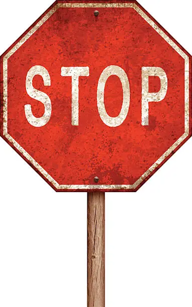 Vector illustration of Weathered stop sign with wooden post isolated on white