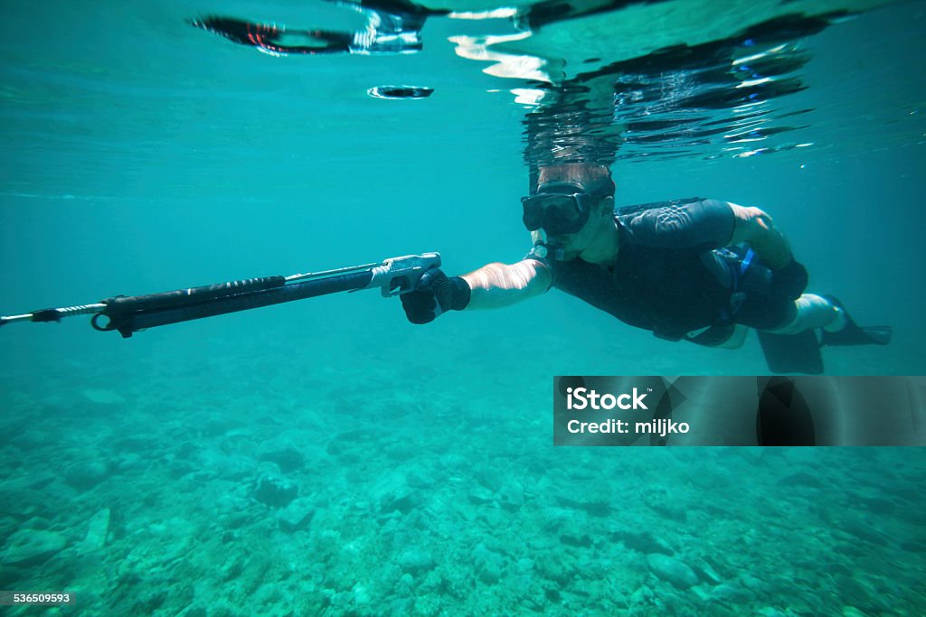 Young man fishing whit speargun Man diving in a seawatter and hunt with speargun Fishing Stock Photo