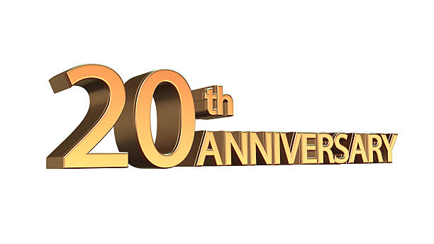 Twentieth anniversary symbol in gold letters on white background