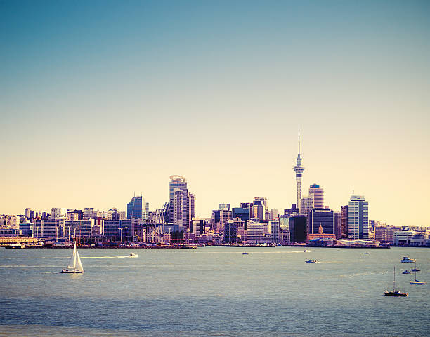 Auckland Summer Skyline Boats in Waitemata Harbour, in front of Auckland's skyline, with the city's Sky Tower to the right of the photograph. auckland stock pictures, royalty-free photos & images