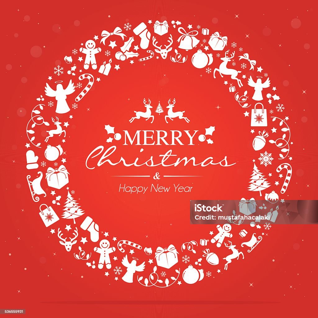 Circle christmas laurel wreath on red background A christmas wreath made with christmas icons on red background  there is text, snowflakes and glitter effect. Eps10. Contains transparent and blending mode objects. Christmas stock vector