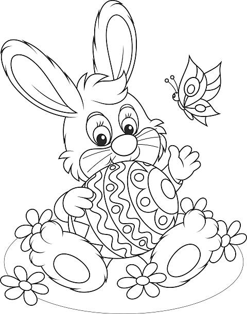 Easter Bunny Little rabbit sitting with a big decorated Easter egg hare and leveret stock illustrations