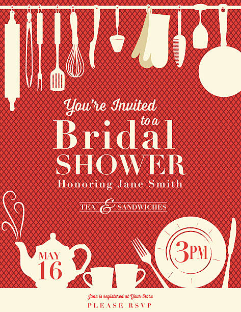 Retro Bridal Shower Invitation With Kitchen Gadgets Bridal shower Party Invitation with yellow silhouette hanging kitchen utensils along the top of a diamond pattern background.  Along the bottom is teapot with swirly steam, two mugs, plate with knife and fork on table top done in yellow silhouette.  Invitation information written in the middle, on teapot and plate. kitchen silhouettes stock illustrations