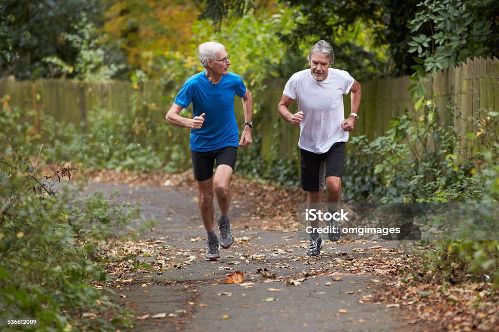 Two Mature Male Joggers Running Along Path Jogging Stock Photo