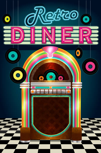 Late night retro 50s Diner  menu layout with jukebox vinyl Late night retro 50s Diner  menu layout with jukebox 1950s diner stock illustrations