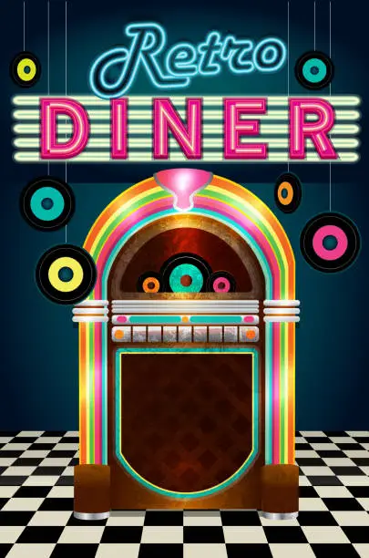 Vector illustration of Late night retro 50s Diner  menu layout with jukebox vinyl