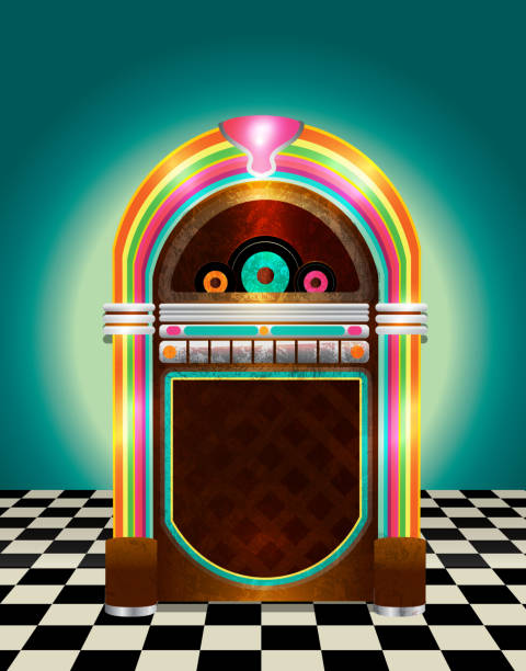 ilustrações, clipart, desenhos animados e ícones de jukebox retrô em fundo de azulejos quadriculada - music box
