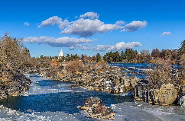 Idaho Falls waterfall,  landmark , Snake River, ID, winter