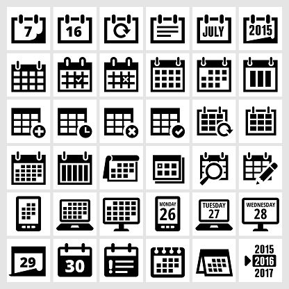 Black and White Calendar Set Variety on Paper and Technology. Calendar black and white royalty free vector interface icon set. This editable vector file features black interface icons on white Background. The interface icons are organized in rows and can be used as app interface icons, online as internet web buttons, and in digital and print. 