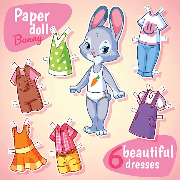 Vector illustration of Very cute paper doll with six beautiful dresses.