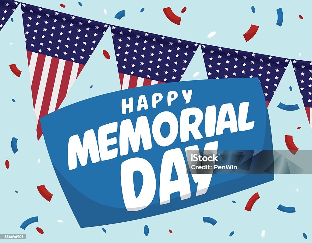 Memorial Day Festive Poster with Confetti Festive and patriotic poster with buntings design and greeting for Memorial Day celebration. American Culture stock vector