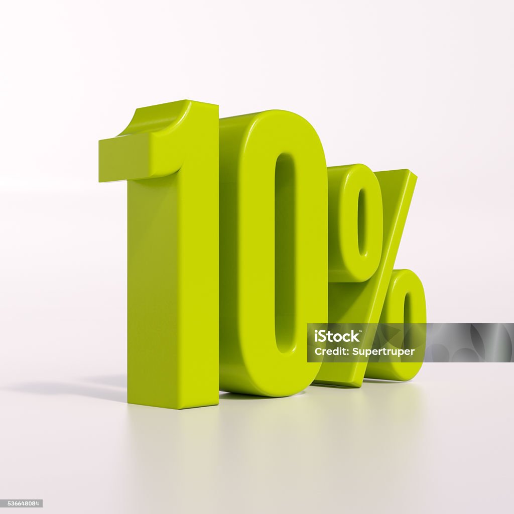 Percentage sign, 10 percent 3d render: green 10 percent, percentage discount sign on white, 10% Number 10 Stock Photo