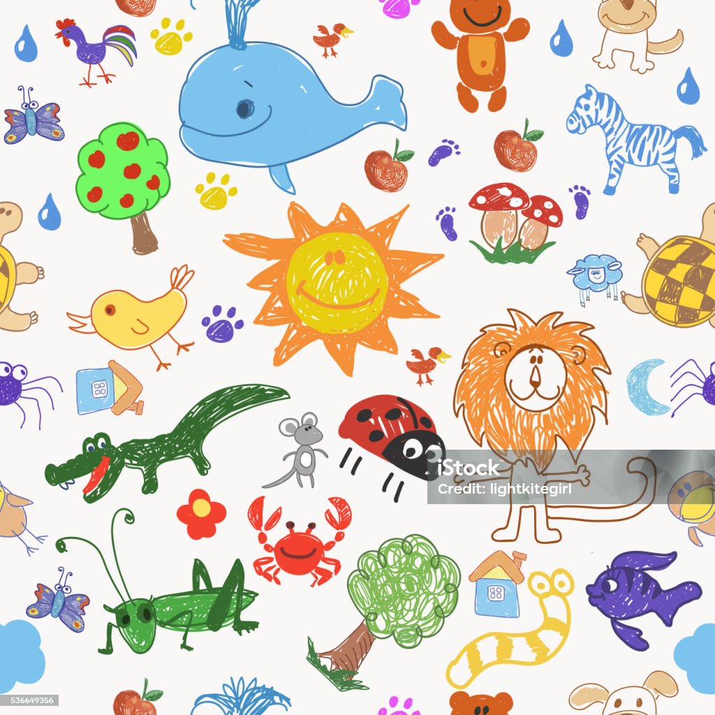 Childrens drawing doodle animals trees and sun seamless pattern. Childrens drawing doodle animals trees and sun seamless pattern. vector illustration Child stock vector