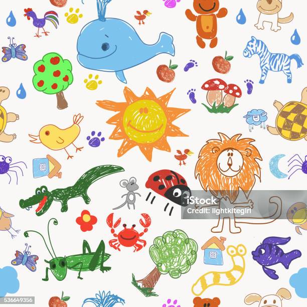 Childrens Drawing Doodle Animals Trees And Sun Seamless Pattern Stock Illustration - Download Image Now
