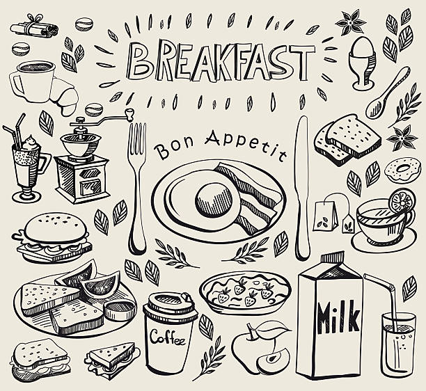нарисованный от руки каракули набор завтрак. - coffee fried egg breakfast toast stock illustrations
