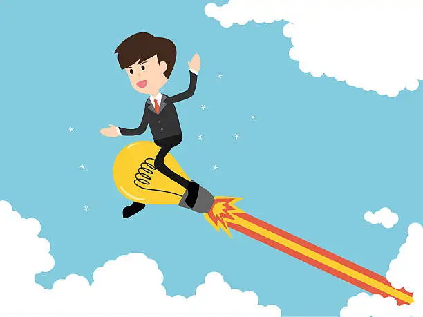 Vector illustration of business man flying with powerful ideas on bluesky