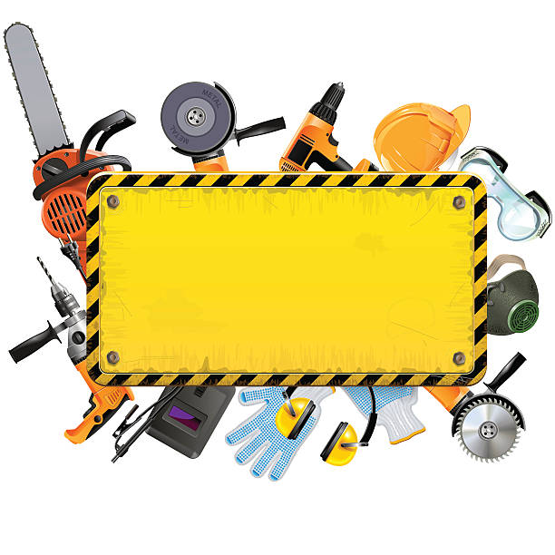 ilustrații de stoc cu vector old yellow frame cu instrumente - table saw